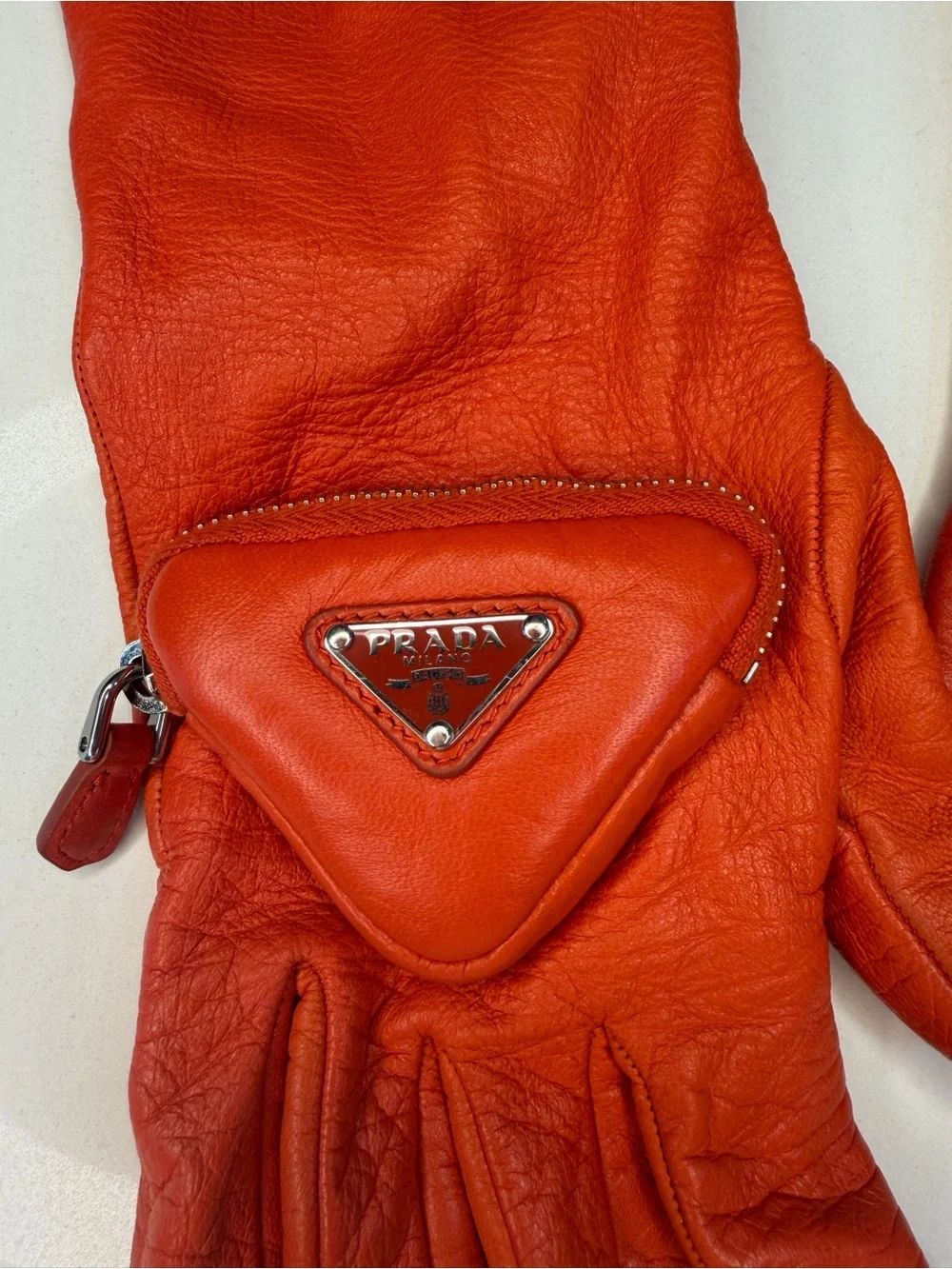 Prada Long Orange Leather Gloves with Triangle Logo Pouch